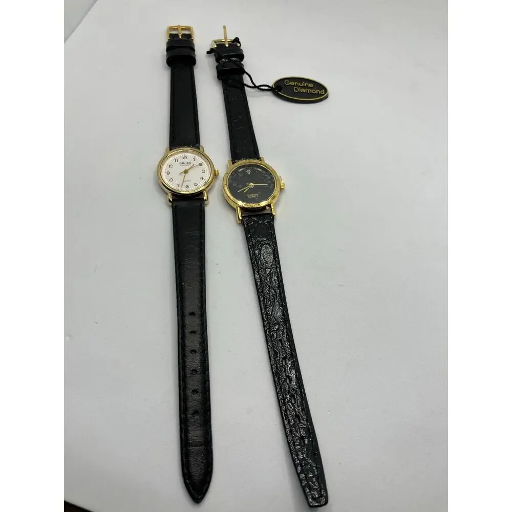 Women's Watch Lot‎ of (2) Gold Tone BLACK LEATHER Gruen Diamon Analog